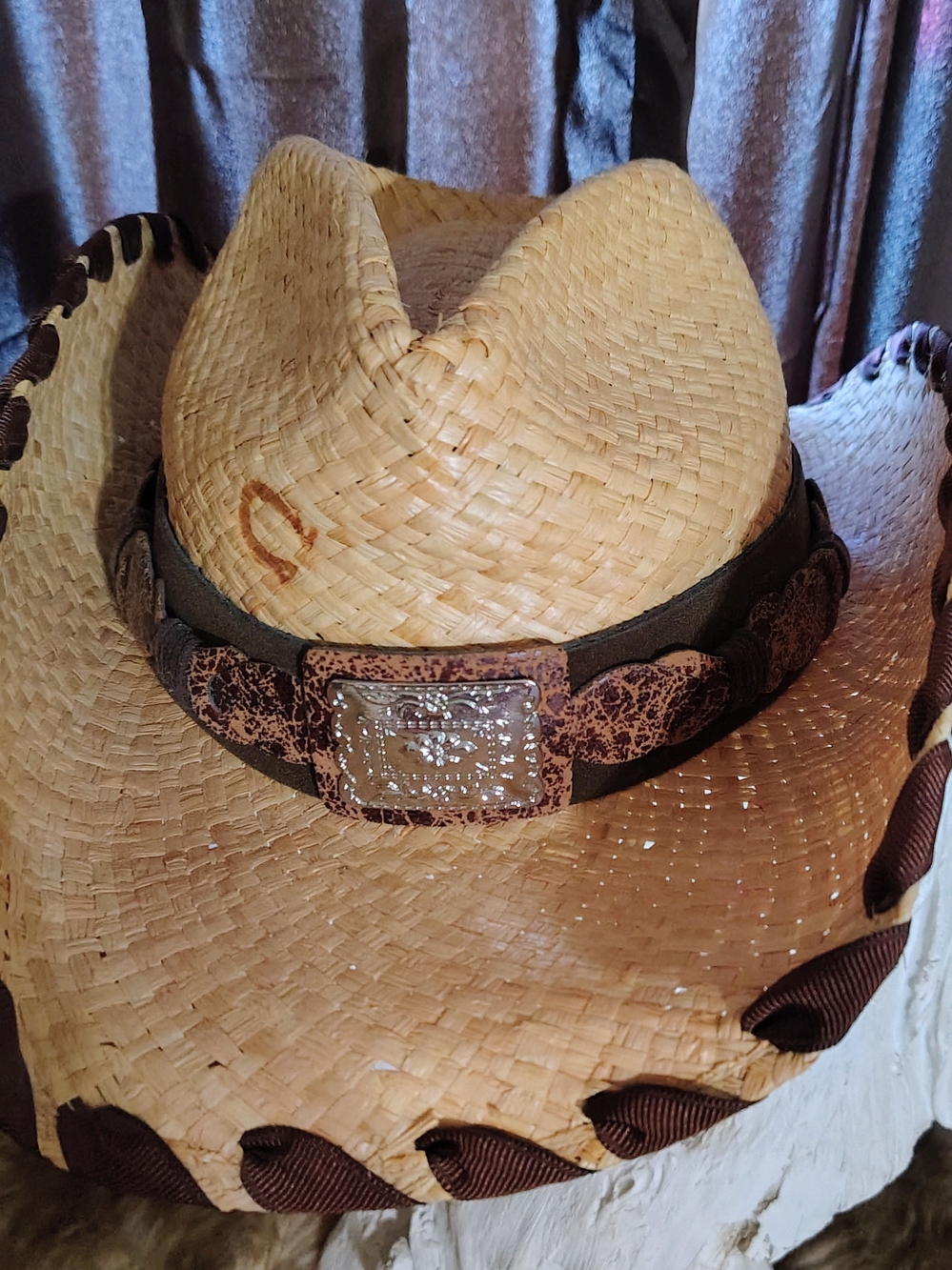 Charlie Horse Straw Cowboy Hat with Brown Leather Band and Metal Concho